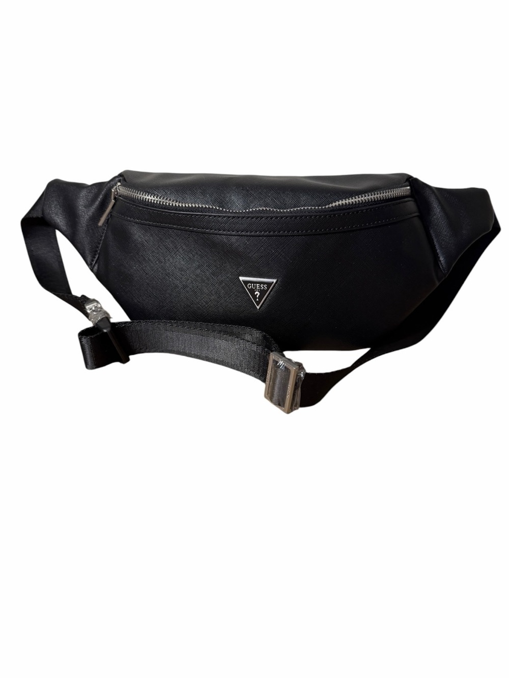 GUESS Black Men's Leather Belt Bag with Silver Hardware